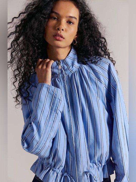 Free People Jackets & Blazers - Free People Devon Striped Balloon Funnel-Neck Jacket Blue